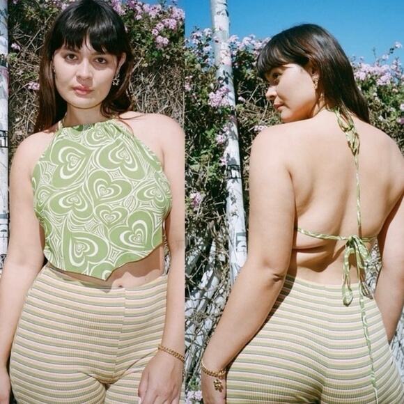 NWT Lisa Says Gah Clea Wide Hearts Tie Halter Top In Green - Picture 1 of 6